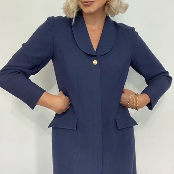 Hourglass Vintage Collared Navy Blue Blazer Duster Dress Coat - hidden buttons